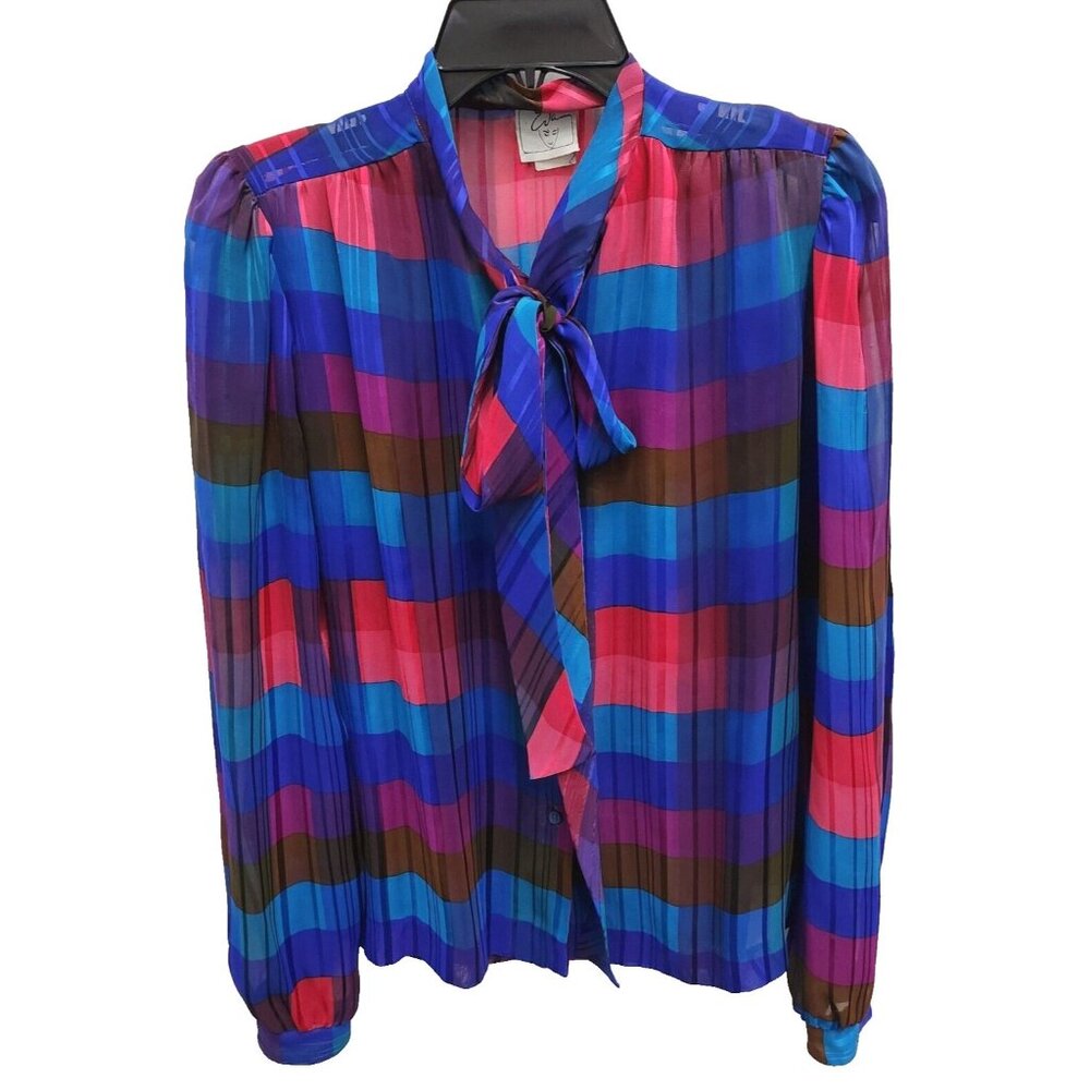 Vintage 80s Eva Womens Blouse Top‎ 5/6 Blue Pink Plaid Bow Tie Retro Preppy